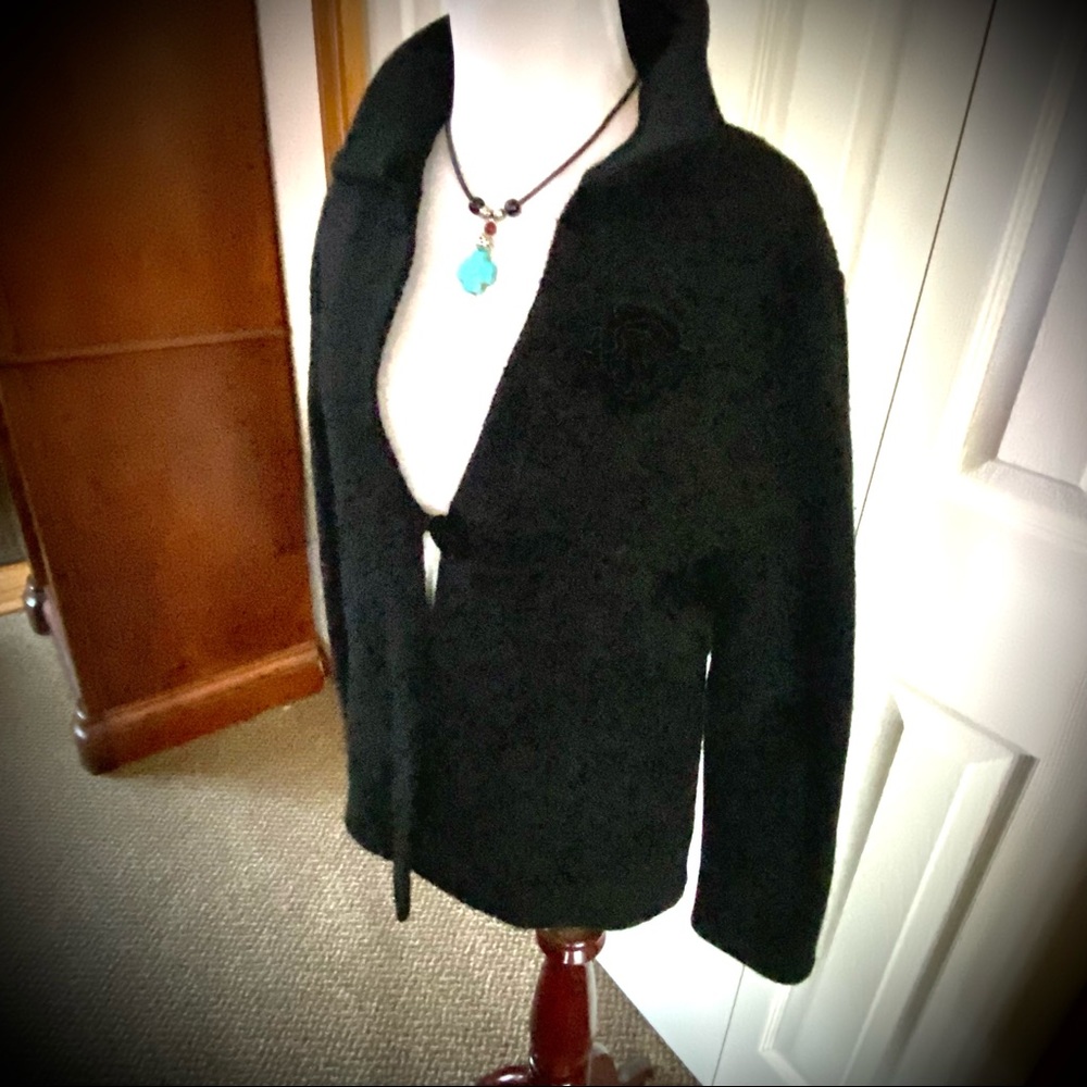 Lily Stanhope Black Wool Sweater Jacket with Collar & Flower Pin EUC!